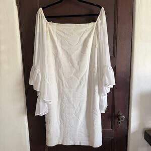 JOSEPH RIBKOFF | White Off Shoulder Sheath Dress Chiffon Ruffle Bell Sleeves 12